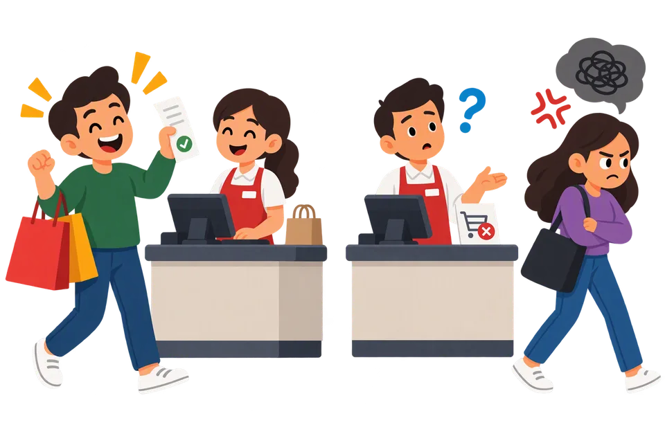 Un cliente compra satisfecho mientras otra persona se retira frustrada de una compra.