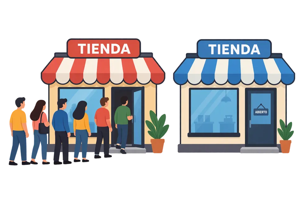 Clientes hacen fila frente a una tienda mientras otra permanece vacía.